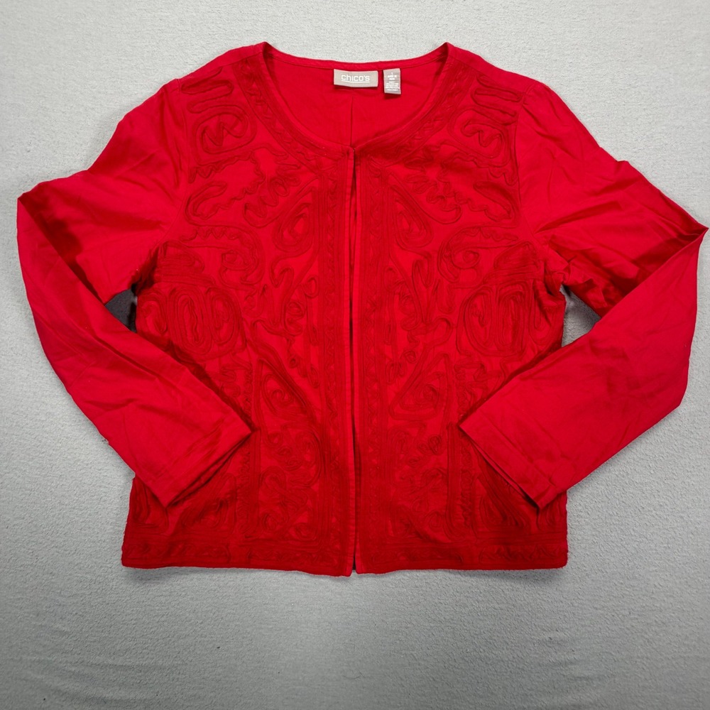 Chico's Jacket Women Size 1 Good Red Soutache Embroidered Open Front Cotton